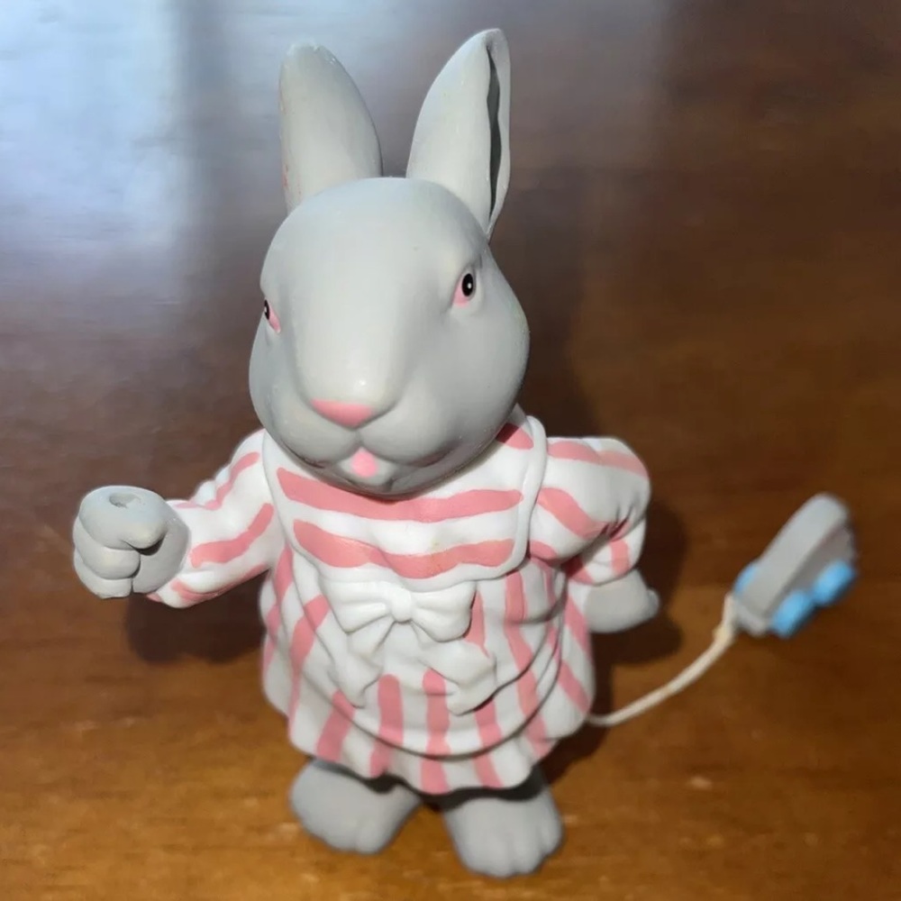 DEPT 56 EASTER FIGURINE  Striped Pink Dress Rabbit with Pull Toy 4 1/2" tall